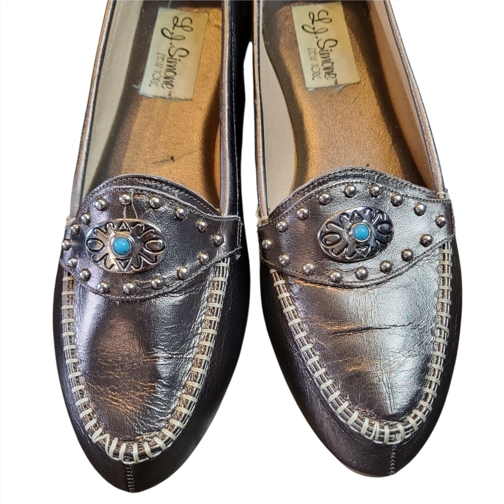 Vintage Pewter Studded Aztec Leather Loafers w/ Turquoise Stone Size 8.5